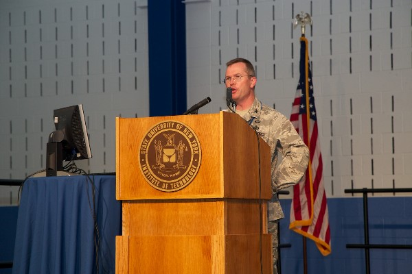 At the Cyber & Information Challenges 2012 Conference and Exposition in June, Col. David Blanks, USAF, acting director, Information Directorate, Air Force Research Laboratory, briefs attendees on the directorate's mission, vision and core technical competency portfolio.